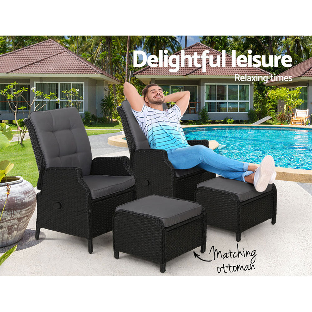 Outdoor Chairs: Gardeon 2PC Recliner Chair Sun lounge Wicker Lounger Outdoor Furniture Adjustable Black