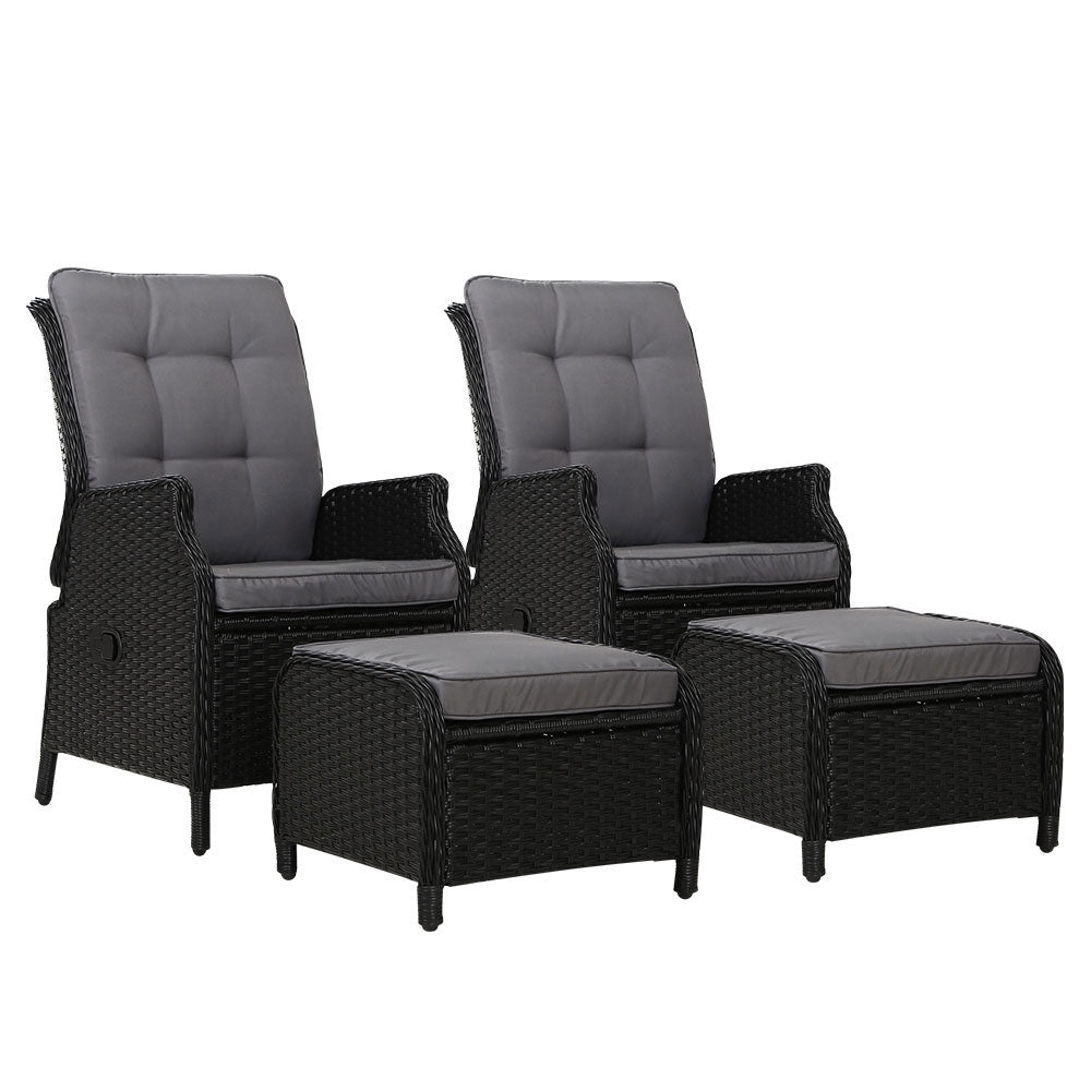 Outdoor Chairs: Gardeon 2PC Recliner Chair Sun lounge Wicker Lounger Outdoor Furniture Adjustable Black