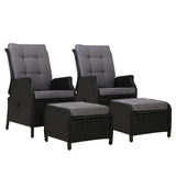 Gardeon 2PC Recliner Chair Sun lounge Wicker Lounger Outdoor Furniture Adjustable Black