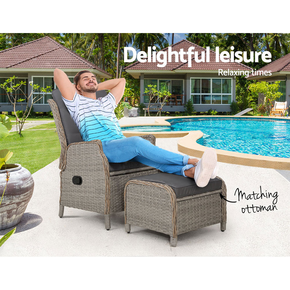 Outdoor Chairs: Gardeon Recliner Chair Sun lounge Wicker Lounger Outdoor Furniture Patio Adjustable Grey