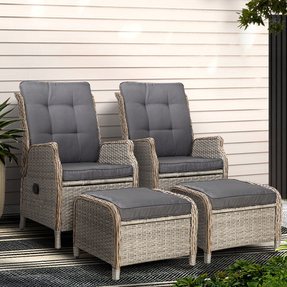 Outdoor Chairs: Gardeon 2PC Recliner Chair Sun lounge Wicker Lounger Outdoor Furniture Adjustable Grey