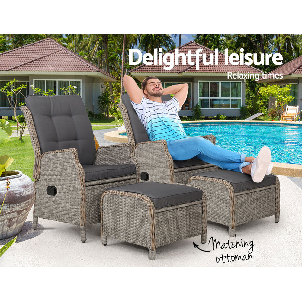 Outdoor Chairs: Gardeon 2PC Recliner Chair Sun lounge Wicker Lounger Outdoor Furniture Adjustable Grey