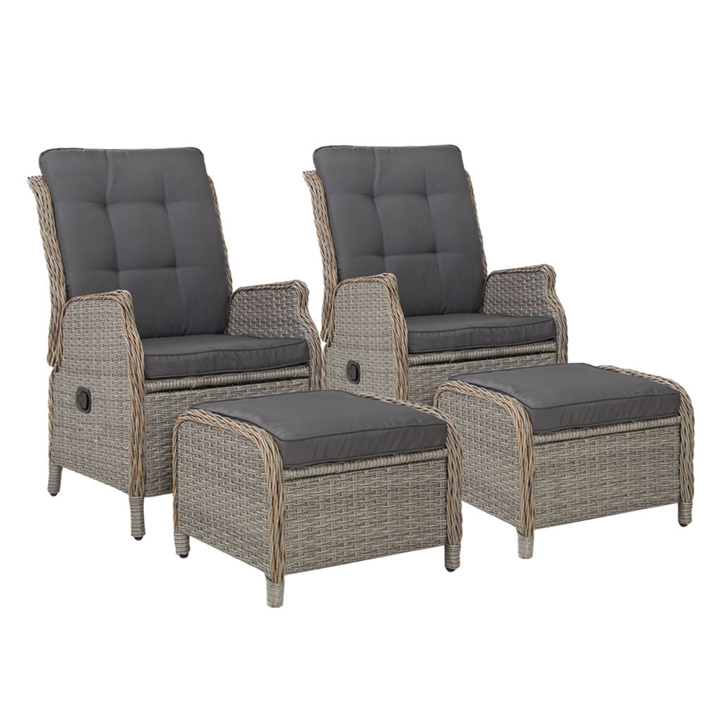 Outdoor Chairs: Gardeon 2PC Recliner Chair Sun lounge Wicker Lounger Outdoor Furniture Adjustable Grey
