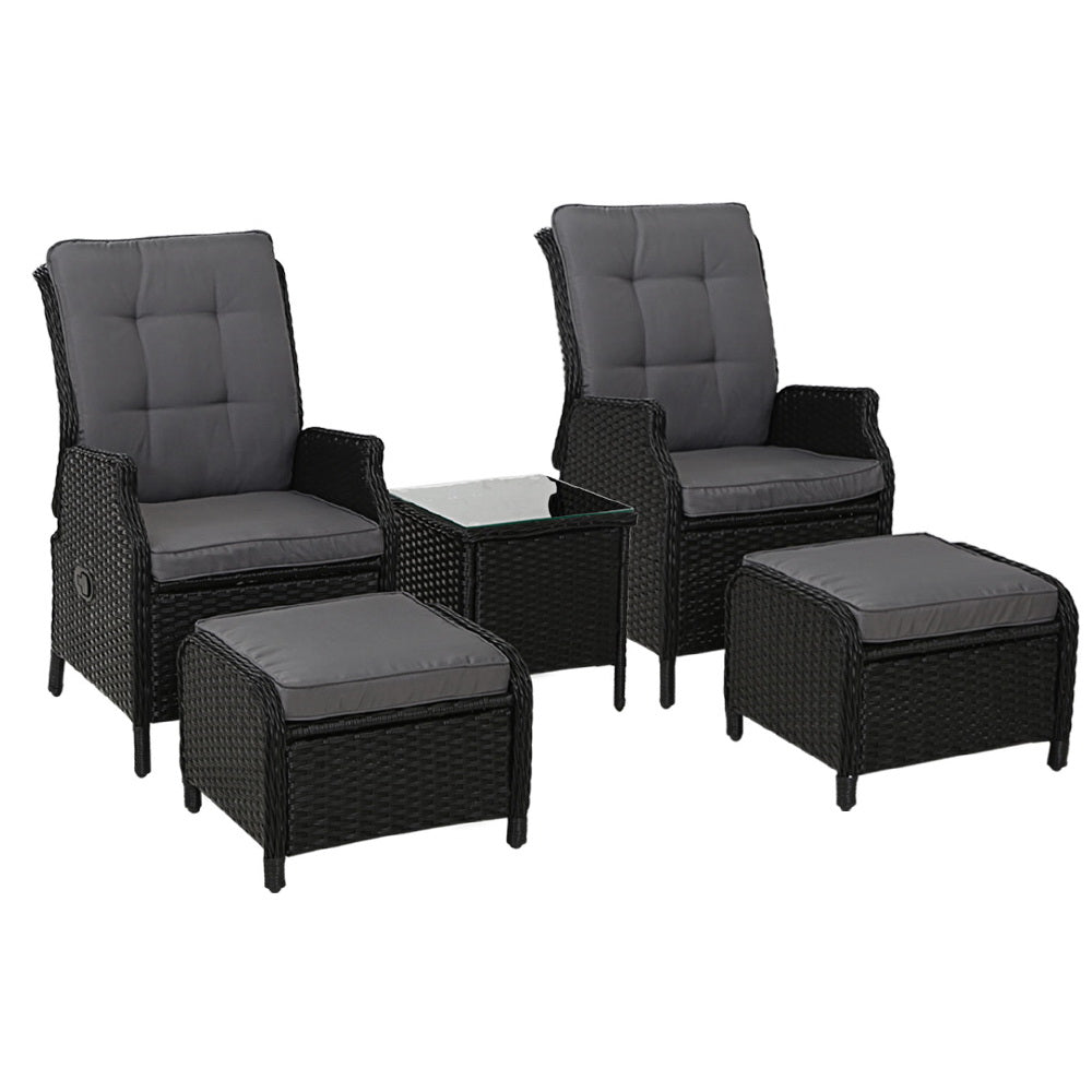 Outdoor Chairs: Gardeon 5PC Recliner Chairs Table Sun lounge Wicker Outdoor Furniture Adjustable Black