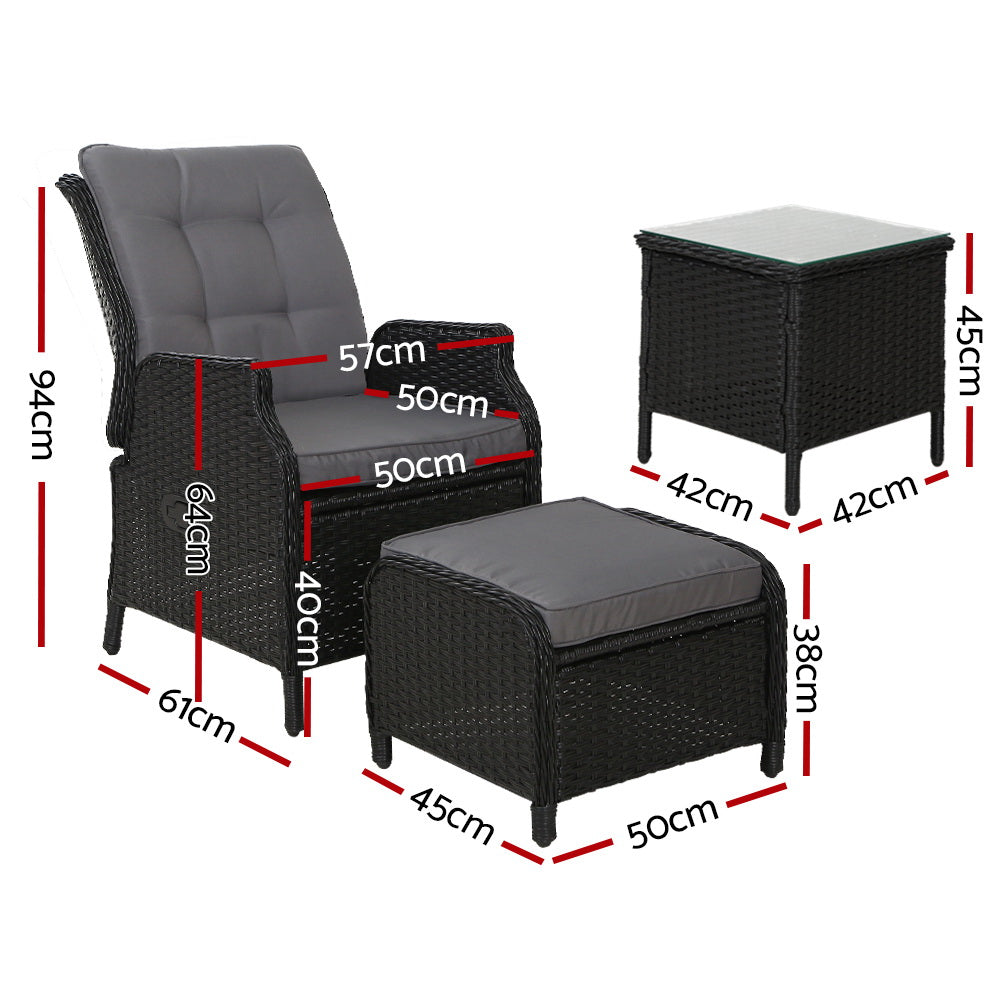 Outdoor Chairs: Gardeon 5PC Recliner Chairs Table Sun lounge Wicker Outdoor Furniture Adjustable Black