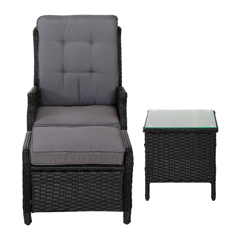 Outdoor Chairs: Gardeon 5PC Recliner Chairs Table Sun lounge Wicker Outdoor Furniture Adjustable Black