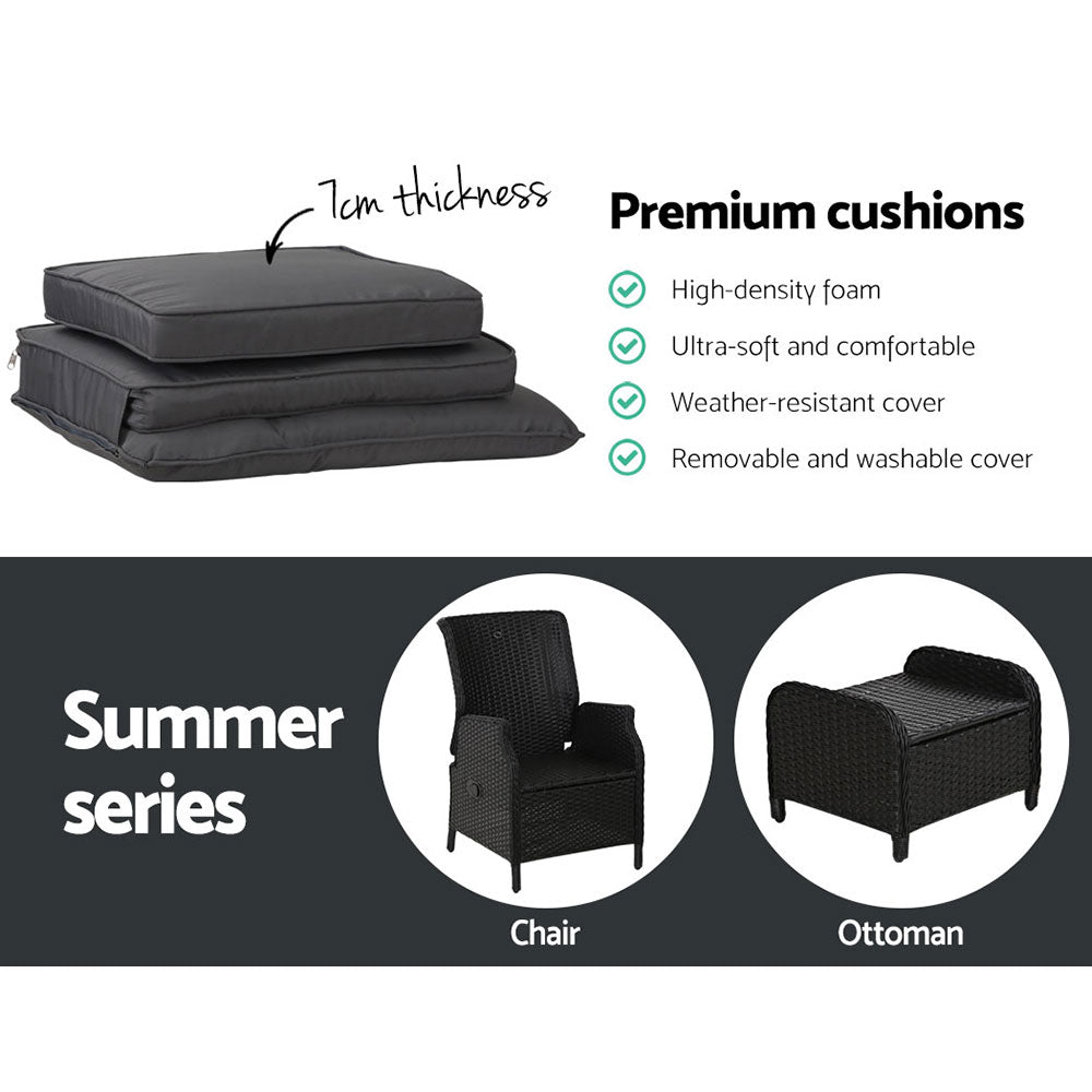 Outdoor Chairs: Gardeon 5PC Recliner Chairs Table Sun lounge Wicker Outdoor Furniture Adjustable Black