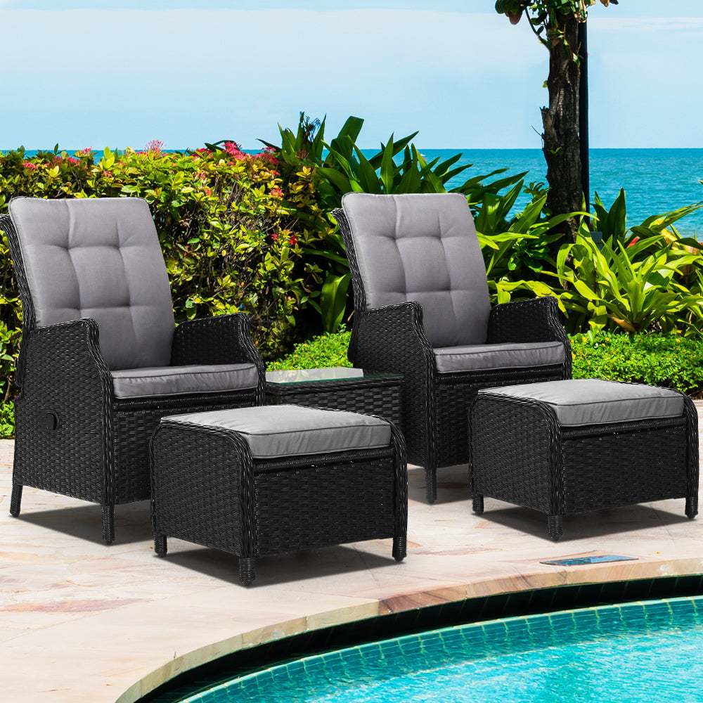 Outdoor Chairs: Gardeon 5PC Recliner Chairs Table Sun lounge Wicker Outdoor Furniture Adjustable Black