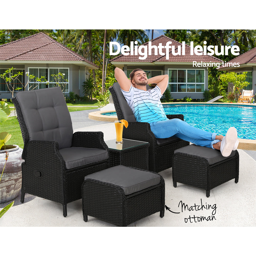Outdoor Chairs: Gardeon 5PC Recliner Chairs Table Sun lounge Wicker Outdoor Furniture Adjustable Black