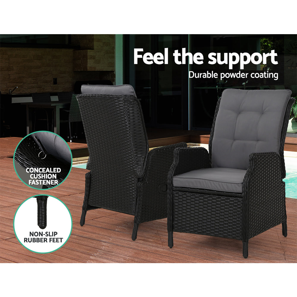 Outdoor Chairs: Gardeon 5PC Recliner Chairs Table Sun lounge Wicker Outdoor Furniture Adjustable Black