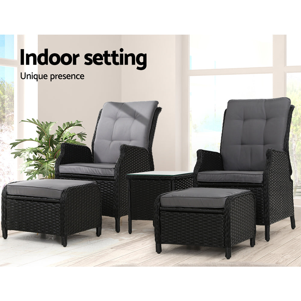 Outdoor Chairs: Gardeon 5PC Recliner Chairs Table Sun lounge Wicker Outdoor Furniture Adjustable Black