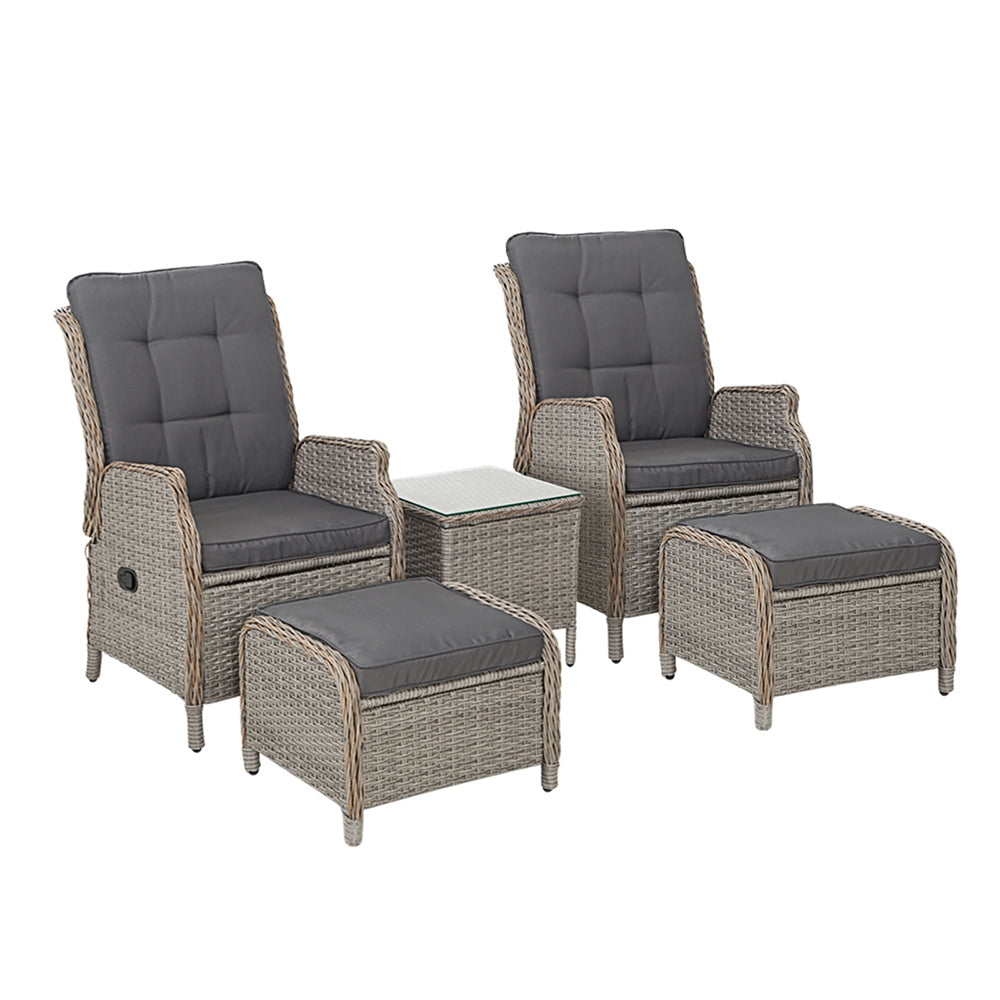 Outdoor Chairs: Gardeon 5PC Recliner Chairs Table Sun lounge Wicker Outdoor Furniture Adjustable Grey