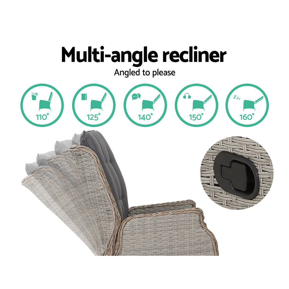 Outdoor Chairs: Gardeon 5PC Recliner Chairs Table Sun lounge Wicker Outdoor Furniture Adjustable Grey