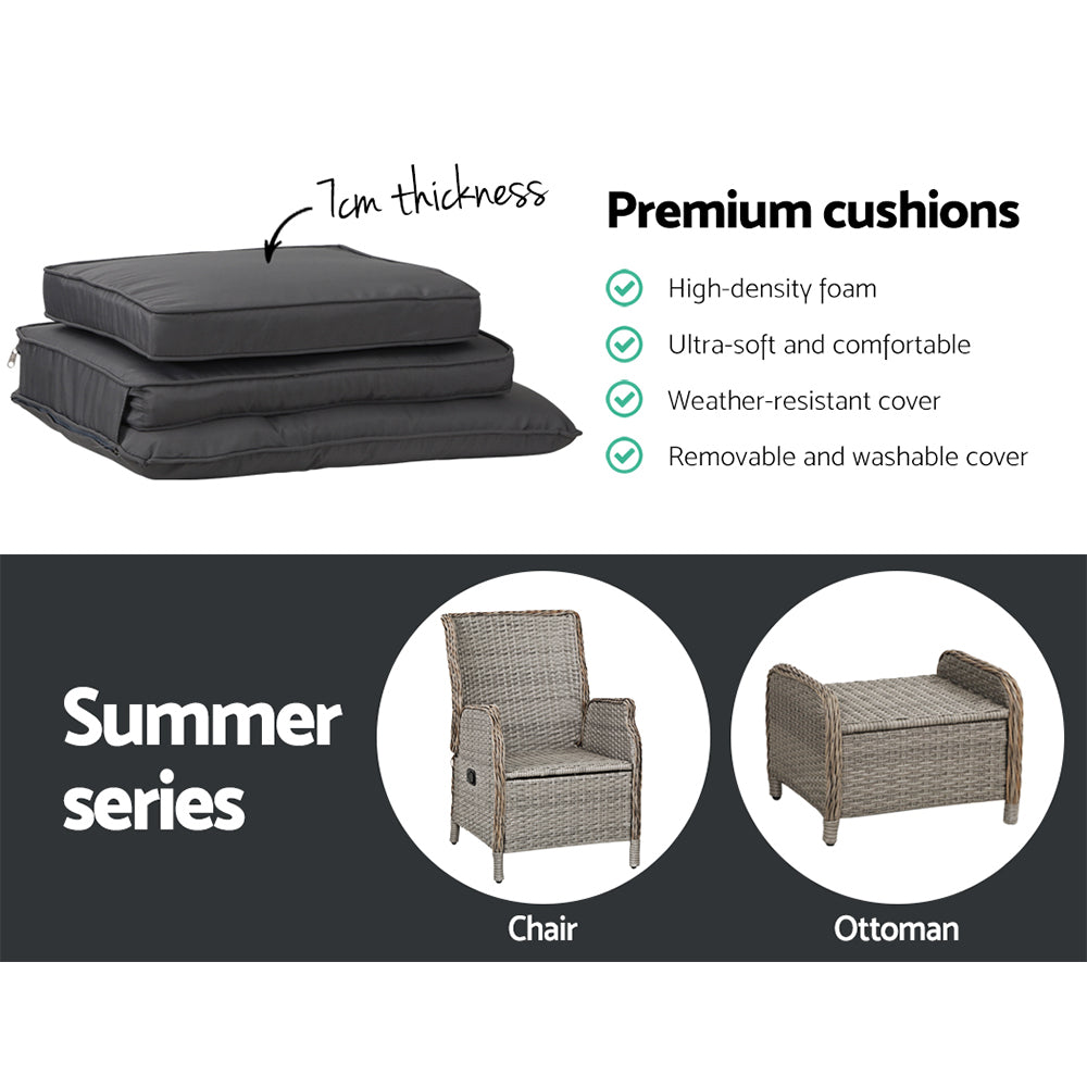 Outdoor Chairs: Gardeon 5PC Recliner Chairs Table Sun lounge Wicker Outdoor Furniture Adjustable Grey