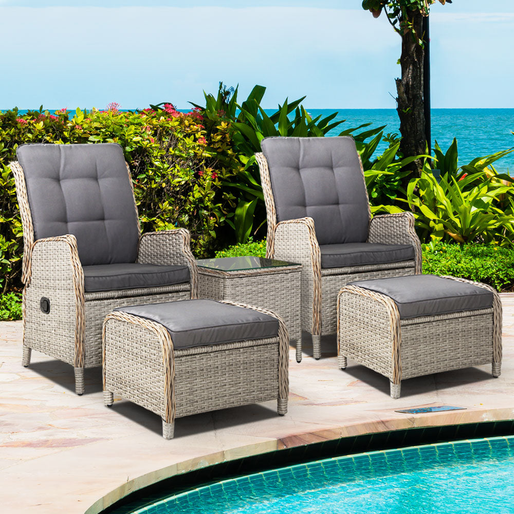 Outdoor Chairs: Gardeon 5PC Recliner Chairs Table Sun lounge Wicker Outdoor Furniture Adjustable Grey