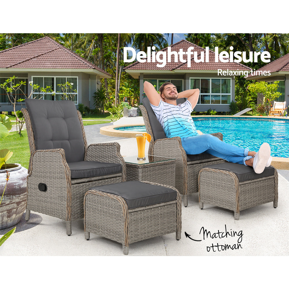 Outdoor Chairs: Gardeon 5PC Recliner Chairs Table Sun lounge Wicker Outdoor Furniture Adjustable Grey