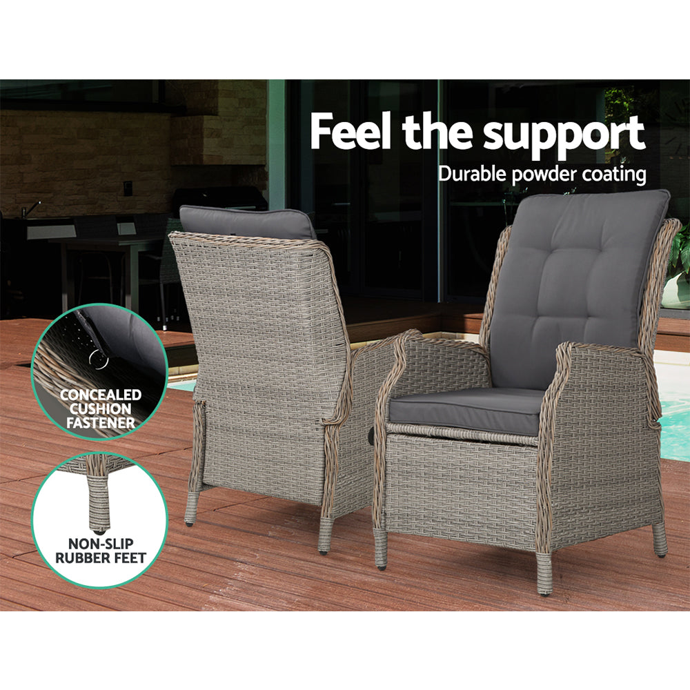 Outdoor Chairs: Gardeon 5PC Recliner Chairs Table Sun lounge Wicker Outdoor Furniture Adjustable Grey