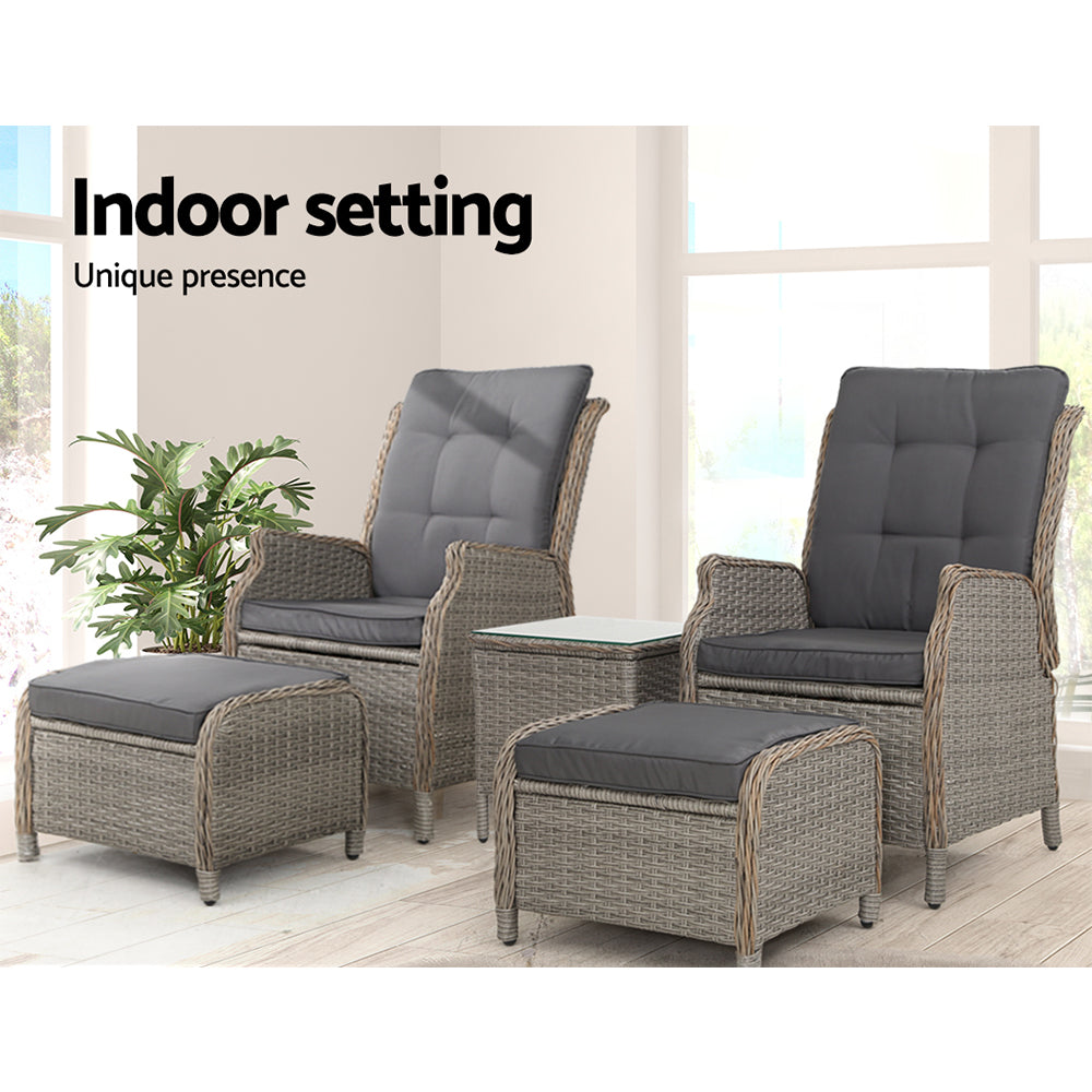 Outdoor Chairs: Gardeon 5PC Recliner Chairs Table Sun lounge Wicker Outdoor Furniture Adjustable Grey