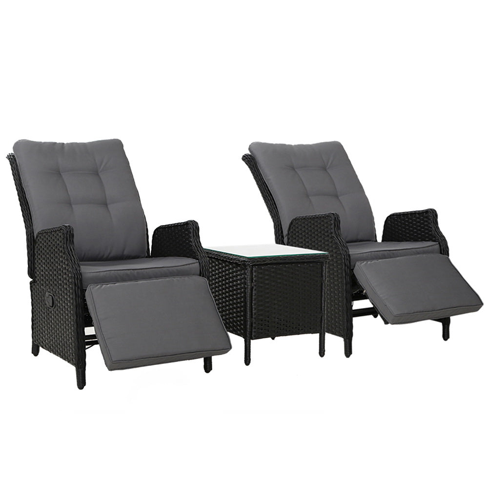 Outdoor Chairs: Gardeon 3PC Recliner Chairs Table Sun lounge Outdoor Furniture Wicker Adjustable Black