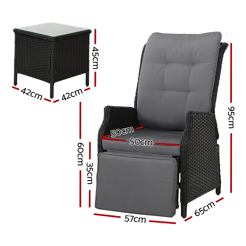 Outdoor Chairs: Gardeon 3PC Recliner Chairs Table Sun lounge Outdoor Furniture Wicker Adjustable Black