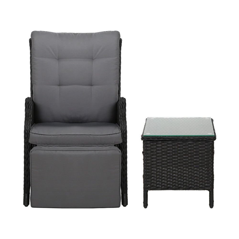 Outdoor Chairs: Gardeon 3PC Recliner Chairs Table Sun lounge Outdoor Furniture Wicker Adjustable Black