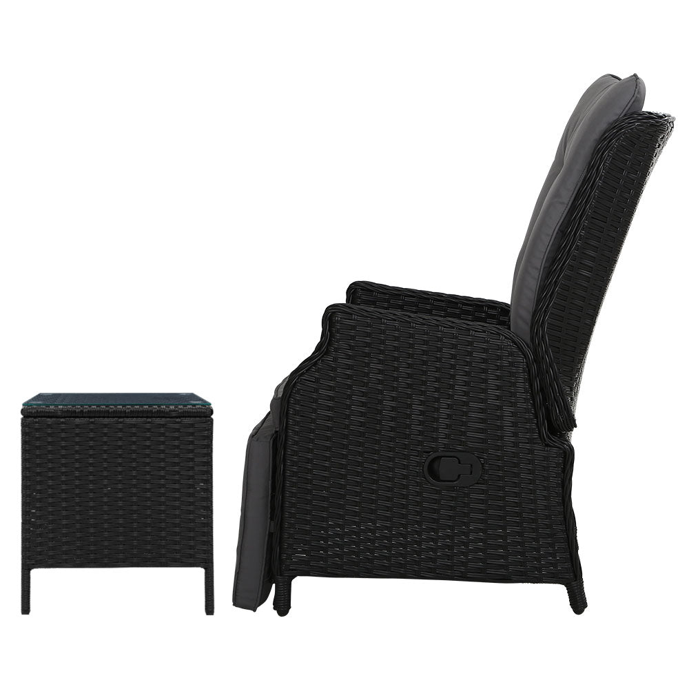 Outdoor Chairs: Gardeon 3PC Recliner Chairs Table Sun lounge Outdoor Furniture Wicker Adjustable Black