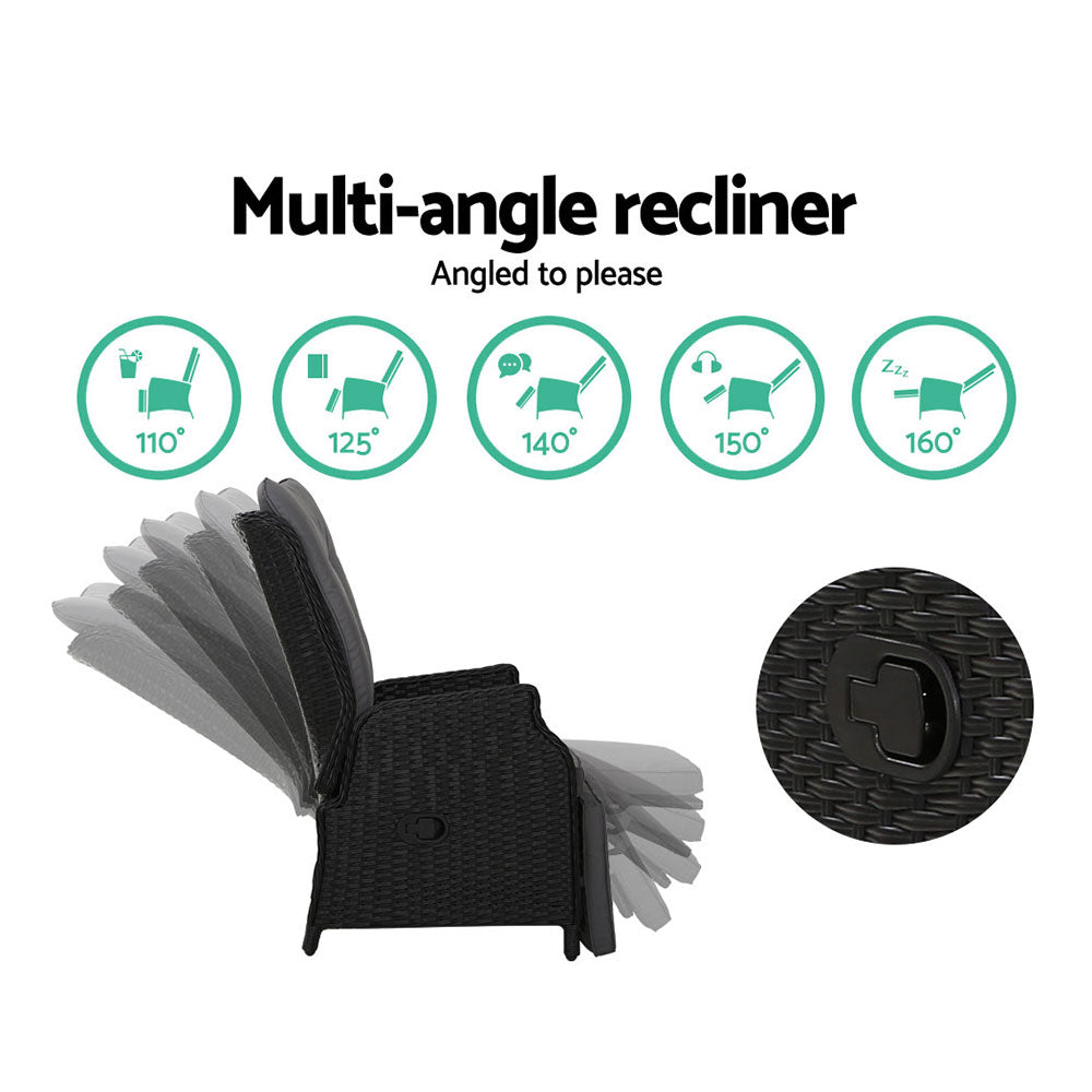 Outdoor Chairs: Gardeon 3PC Recliner Chairs Table Sun lounge Outdoor Furniture Wicker Adjustable Black