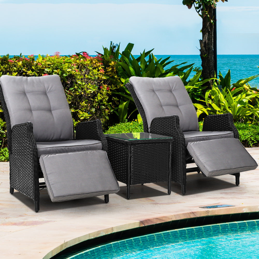 Outdoor Chairs: Gardeon 3PC Recliner Chairs Table Sun lounge Outdoor Furniture Wicker Adjustable Black