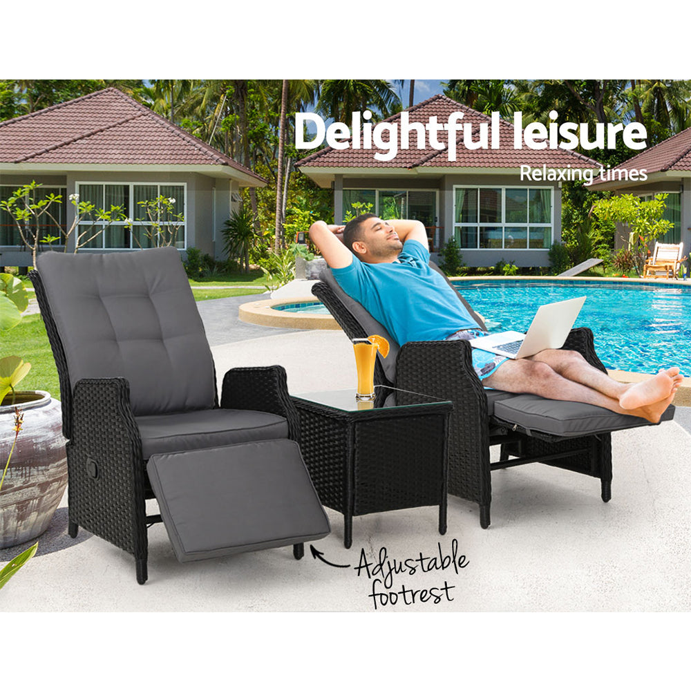 Outdoor Chairs: Gardeon 3PC Recliner Chairs Table Sun lounge Outdoor Furniture Wicker Adjustable Black