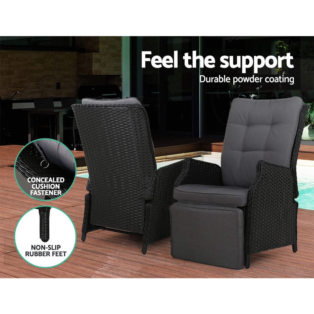 Outdoor Chairs: Gardeon 3PC Recliner Chairs Table Sun lounge Outdoor Furniture Wicker Adjustable Black