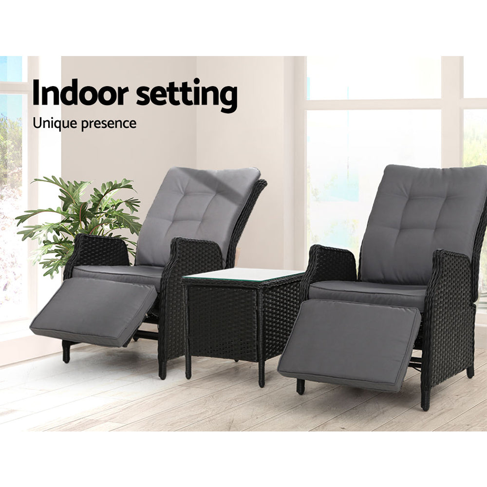 Outdoor Chairs: Gardeon 3PC Recliner Chairs Table Sun lounge Outdoor Furniture Wicker Adjustable Black