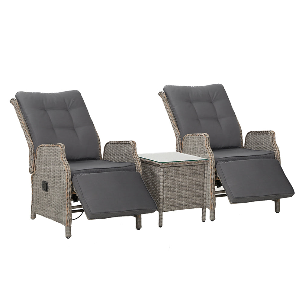 Outdoor Chairs: Gardeon 3PC Recliner Chairs Table Sun lounge Outdoor Furniture Wicker Adjustable Grey