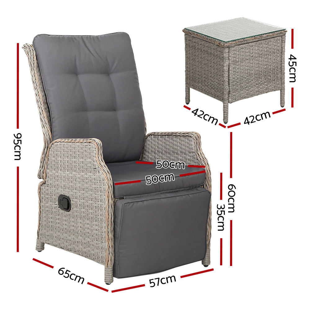 Outdoor Chairs: Gardeon 3PC Recliner Chairs Table Sun lounge Outdoor Furniture Wicker Adjustable Grey