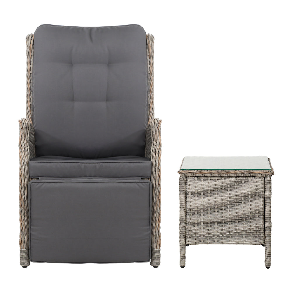 Outdoor Chairs: Gardeon 3PC Recliner Chairs Table Sun lounge Outdoor Furniture Wicker Adjustable Grey