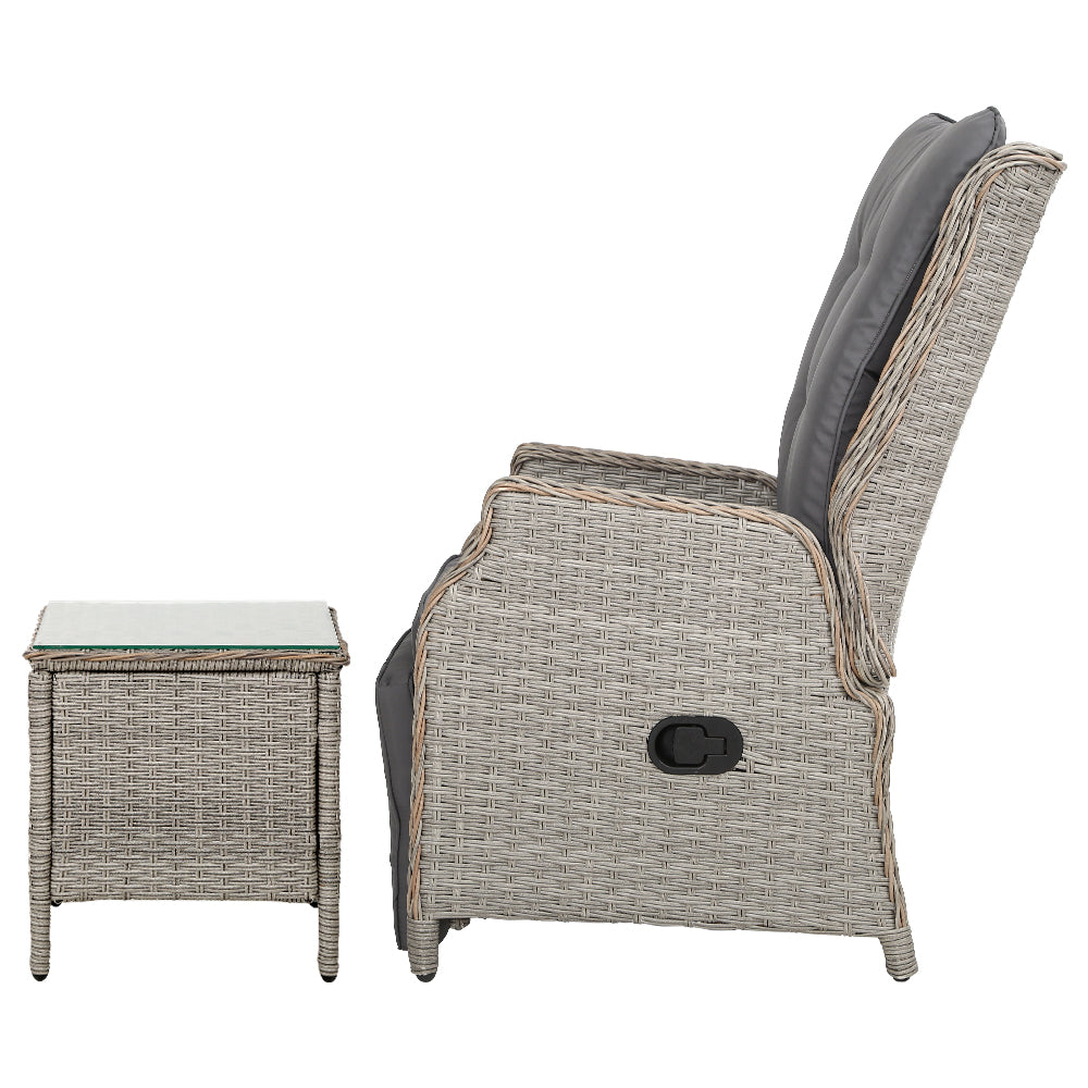 Outdoor Chairs: Gardeon 3PC Recliner Chairs Table Sun lounge Outdoor Furniture Wicker Adjustable Grey