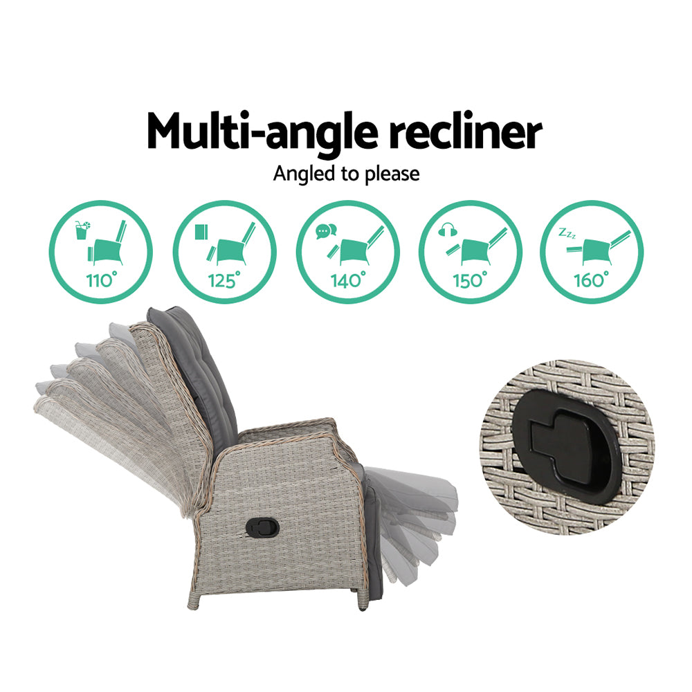 Outdoor Chairs: Gardeon 3PC Recliner Chairs Table Sun lounge Outdoor Furniture Wicker Adjustable Grey