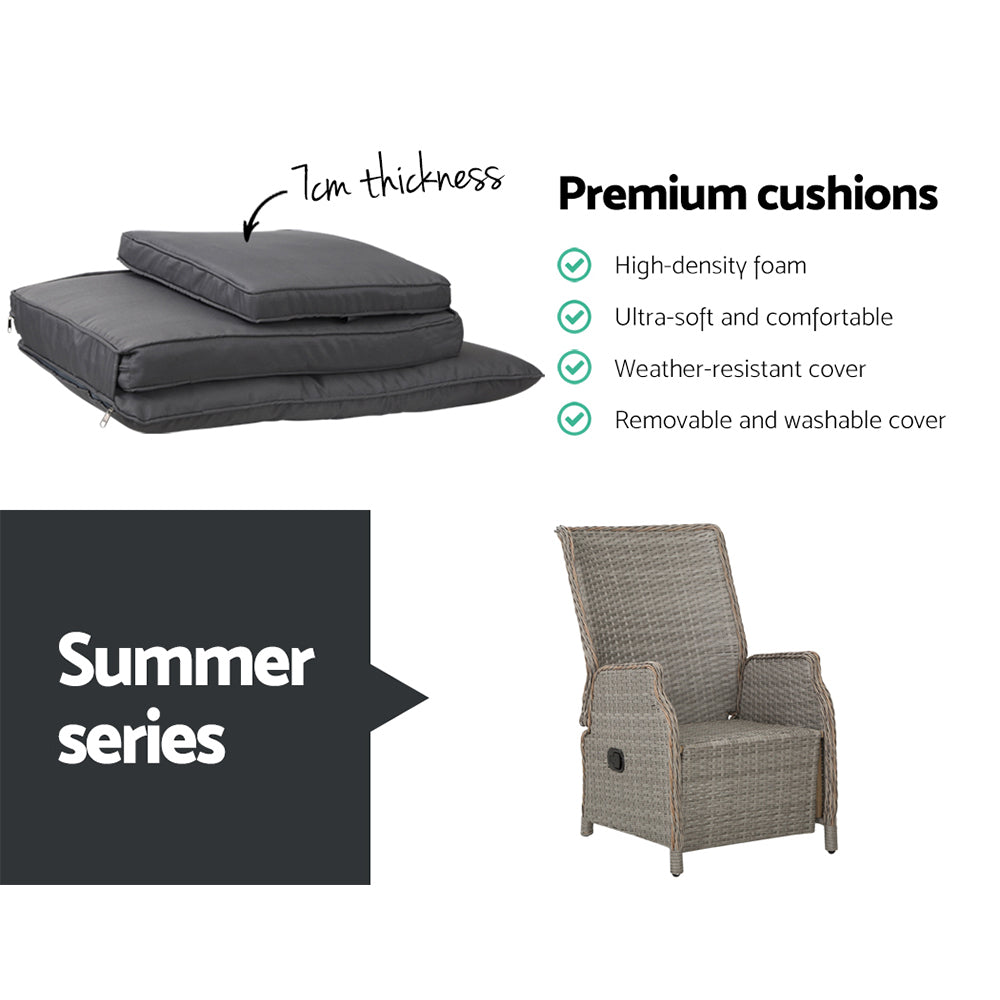 Outdoor Chairs: Gardeon 3PC Recliner Chairs Table Sun lounge Outdoor Furniture Wicker Adjustable Grey
