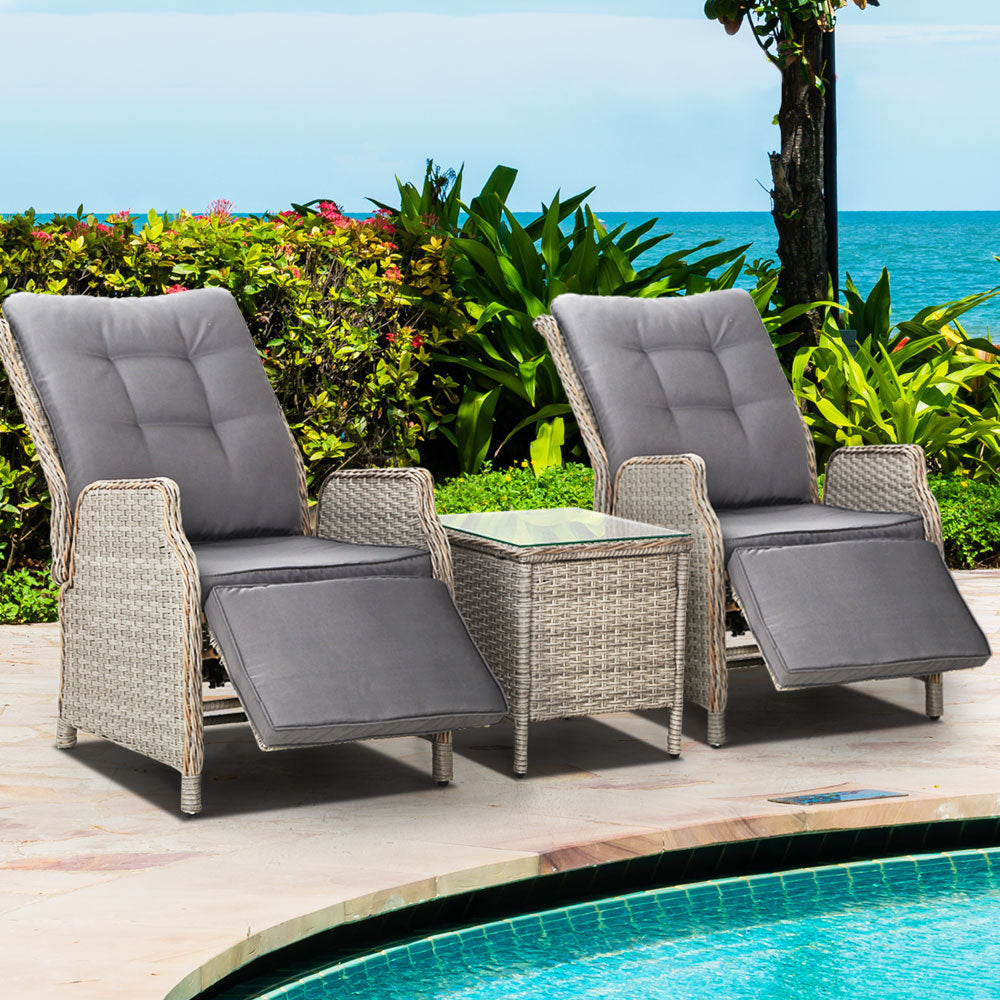 Outdoor Chairs: Gardeon 3PC Recliner Chairs Table Sun lounge Outdoor Furniture Wicker Adjustable Grey
