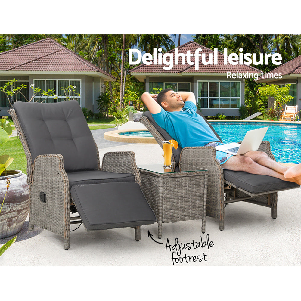 Outdoor Chairs: Gardeon 3PC Recliner Chairs Table Sun lounge Outdoor Furniture Wicker Adjustable Grey