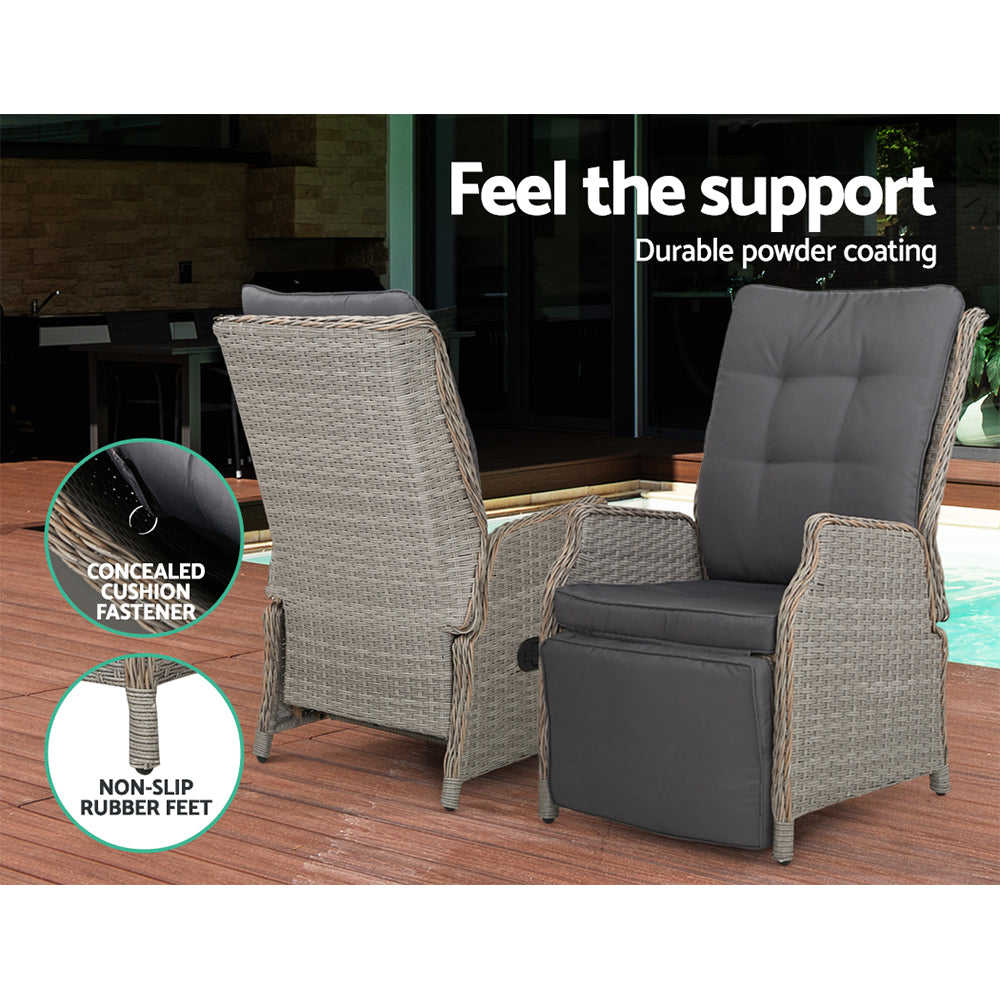 Outdoor Chairs: Gardeon 3PC Recliner Chairs Table Sun lounge Outdoor Furniture Wicker Adjustable Grey
