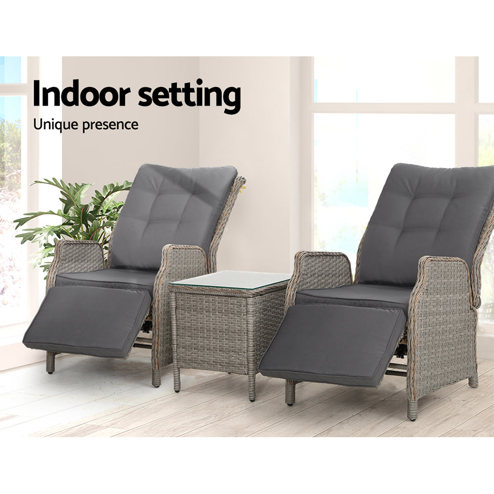 Outdoor Chairs: Gardeon 3PC Recliner Chairs Table Sun lounge Outdoor Furniture Wicker Adjustable Grey