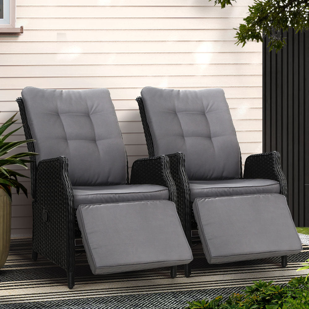 Outdoor Chairs: Gardeon 2PC Recliner Chairs Sun lounge Wicker Lounger Outdoor Furniture Adjustable Black
