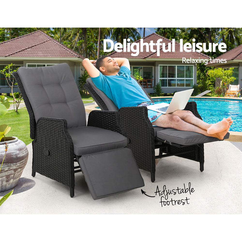 Outdoor Chairs: Gardeon 2PC Recliner Chairs Sun lounge Wicker Lounger Outdoor Furniture Adjustable Black