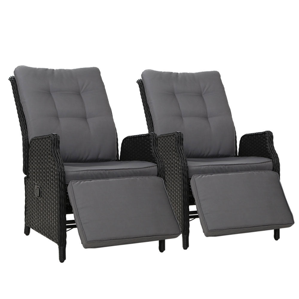 Outdoor Chairs: Gardeon 2PC Recliner Chairs Sun lounge Wicker Lounger Outdoor Furniture Adjustable Black