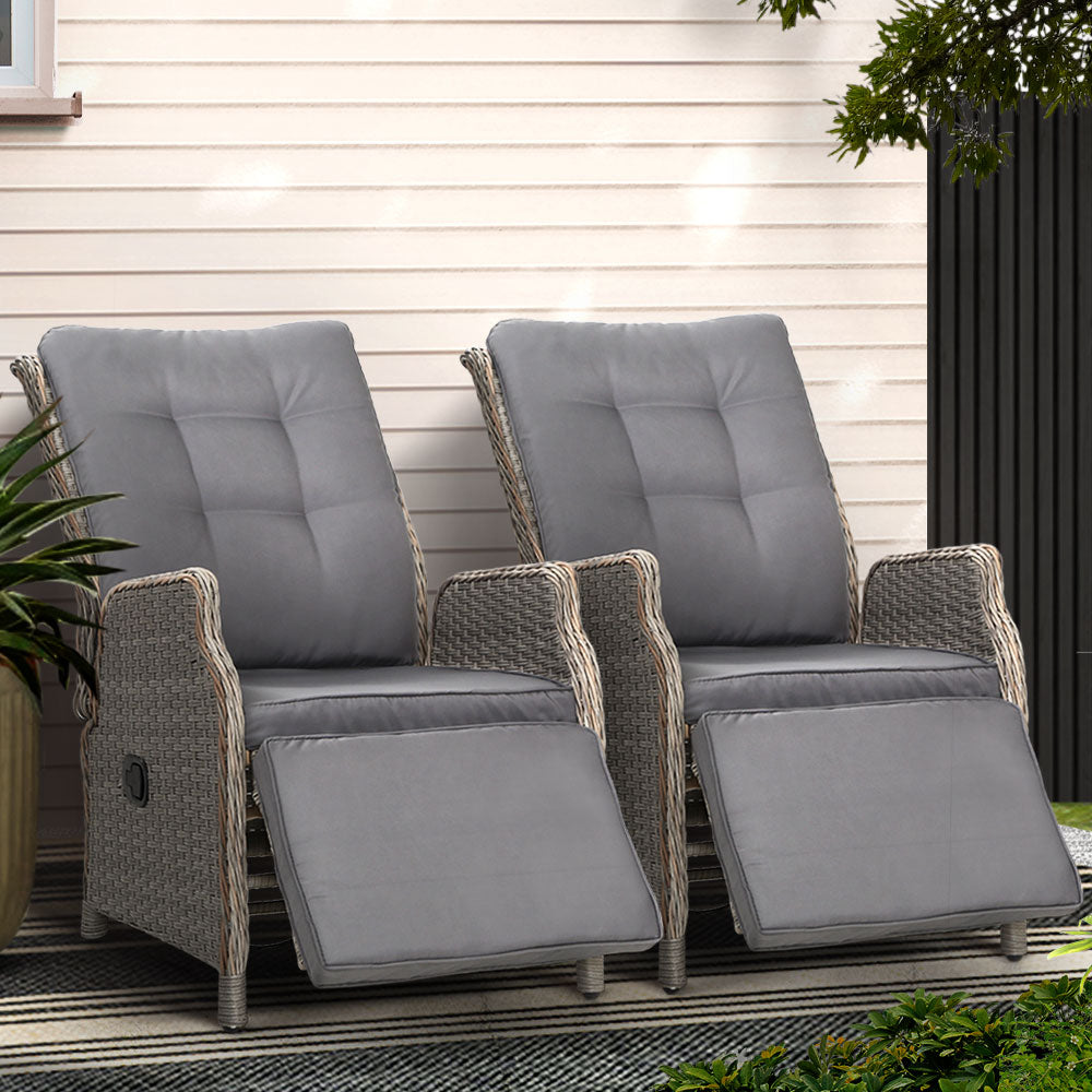Outdoor Chairs: Gardeon 2PC Recliner Chairs Sun lounge Wicker Lounger Outdoor Furniture Adjustable Grey