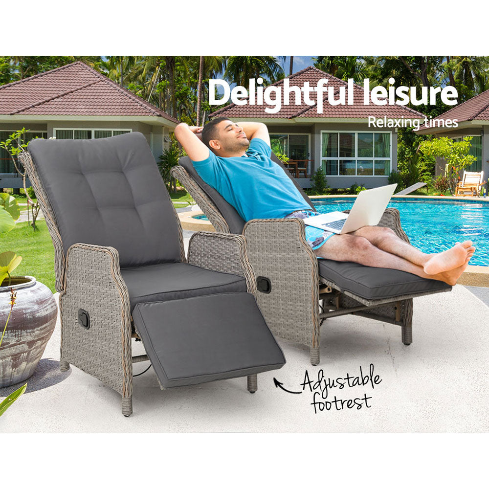Outdoor Chairs: Gardeon 2PC Recliner Chairs Sun lounge Wicker Lounger Outdoor Furniture Adjustable Grey