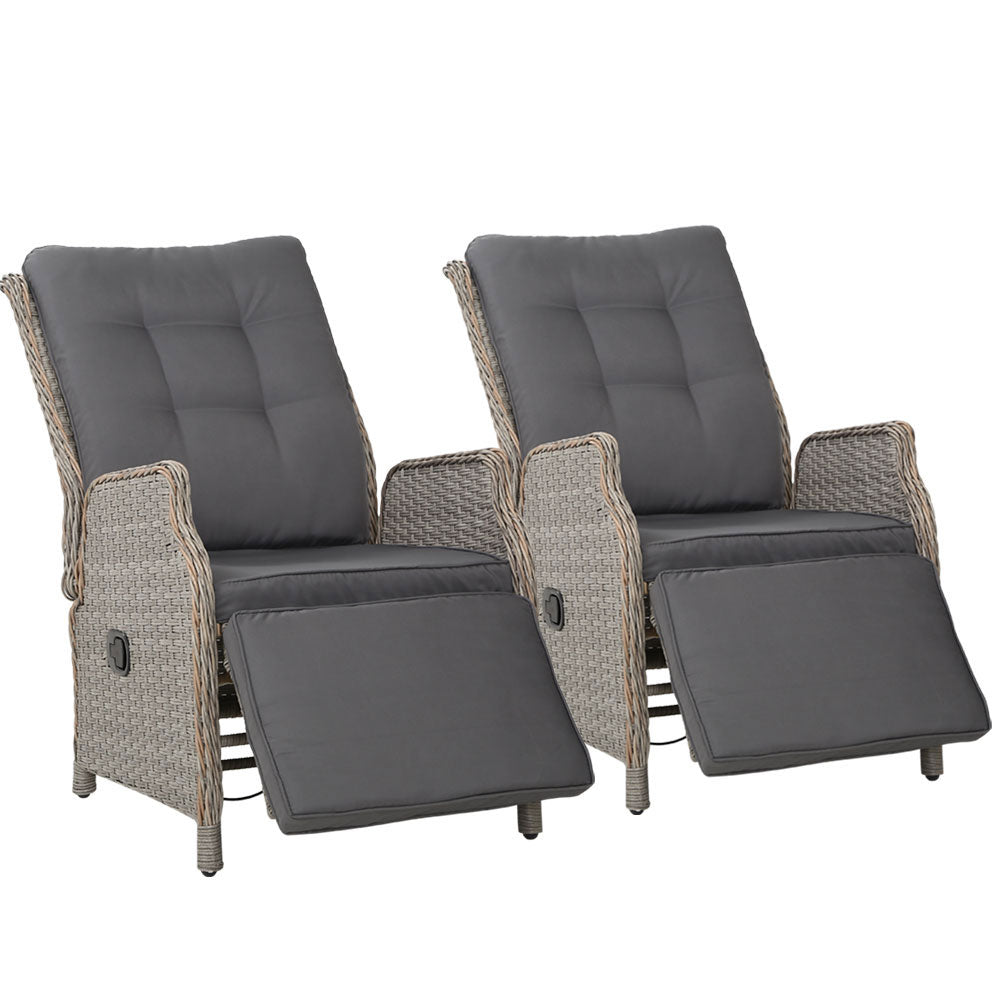 Outdoor Chairs: Gardeon 2PC Recliner Chairs Sun lounge Wicker Lounger Outdoor Furniture Adjustable Grey