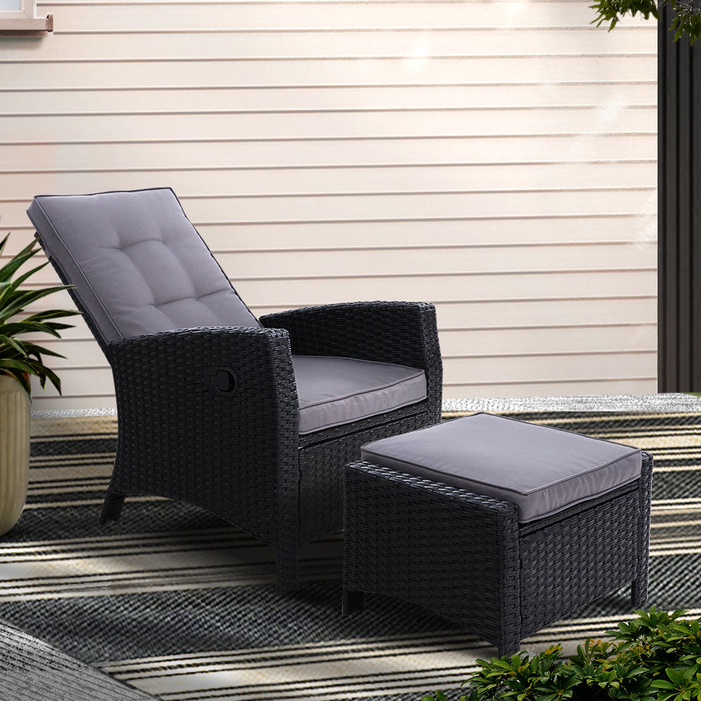 Outdoor Chairs: Gardeon Recliner Chair Sun lounge Wicker Lounger Outdoor Patio Furniture Adjustable Black