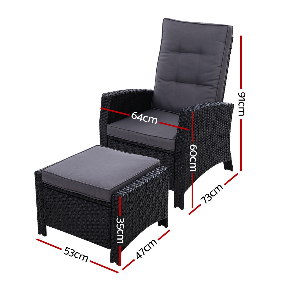 Outdoor Chairs: Gardeon 2PC Recliner Chairs Sun lounge Wicker Lounger Outdoor Furniture Adjustable Black