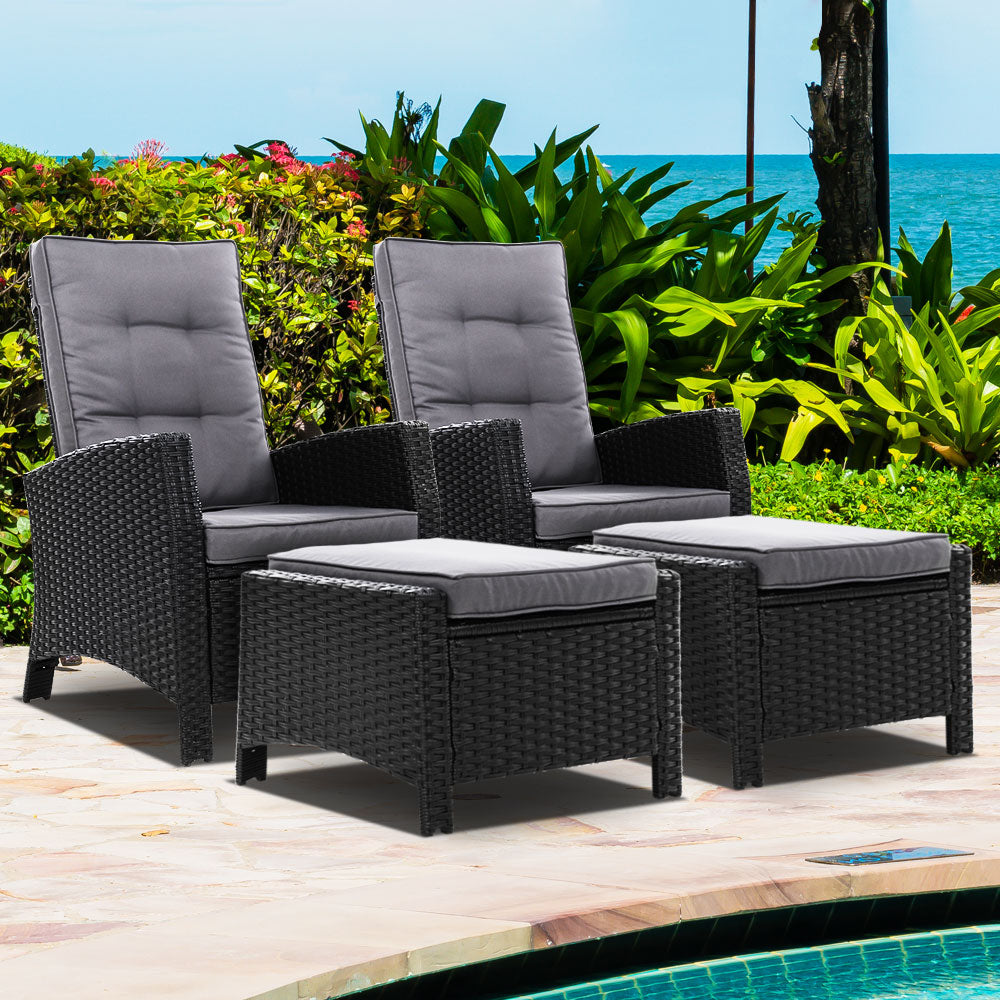 Outdoor Chairs: Gardeon 2PC Recliner Chairs Sun lounge Wicker Lounger Outdoor Furniture Adjustable Black
